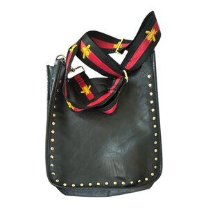Ahdorned Studded  Leather Messenger Bag Embroidered Bee Strap & Gold Hardware